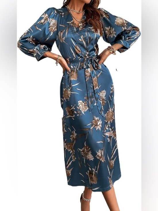 Amazon Dresses & Skirts - Amazon Blue Floral Satin Wrap Maxi Dress with Brown Floral Print